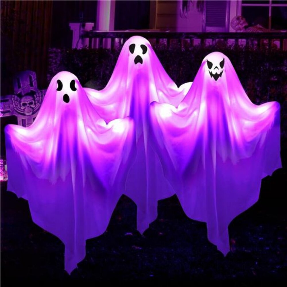 [8Light-Modes] Sets of 3 Halloween Ghost Light Stakes, Flying Ghost Halloween